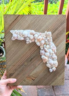 a person holding up a piece of wood with sea shells on it in front of some plants