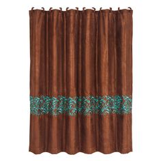 a brown shower curtain with blue trimmings on the bottom and side, in front of a white background