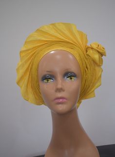 Yellow autogele aso oke  Fan autogele with a side knot Elegant autogele  Handmade autogele Nigerian Gele, African Headwrap, Singles Twist, African Head Wraps, Aso Oke, Bridal Wrap, African Attire, Shawls And Wraps, Head Wraps