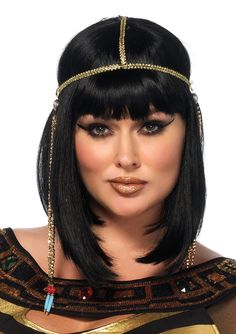 Celebrate your inner golden goddess in this absolutely stunning sexy plus size Cleopatra costume by Leg Avenue. The 3 PC Nile Queen plus size Halloween costume includes a gold shimmer catsuit, striped cut out dress with jewel collar, and a matching draped head piece. (Wig not included) PACKAGE INCLUDES: sheer bodysuit, dress, head piece FIT & STYLE: Fitted sheer bodysuit allows for a nearly naked look while still providing you coverage in this sexy costume. MATERIALS/ CARE: Hand wash cold, Do no Catsuit Costume, Plus Size Costume, Jeweled Collar, Plus Size Halloween Costume, Golden Goddess, Queen Costume, Scary Costumes, Sheer Bodysuit, Funny Costumes