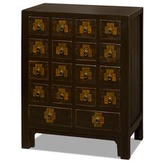 a wooden chest with many drawers and knobs on the front, in dark wood