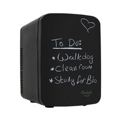 a black refrigerator with chalk writing on the door to do walk - dog clean from study for bios