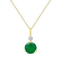 Petite yet vivid, this necklace from the Natural Precious Gemstones by KAY collection brings color to her attire. Created in 10K yellow gold, is design features a round-cut emerald topped with a round diamond accent. The pendant suspends from a linear bail along an 18-inch cable chain that secures with a lobster clasp. Yellow Gold Diamond Necklace For May Birthstone, Green Brilliant Cut Necklace For May Birthstone, Green Round Gemstone Diamond Necklace, Green Gemstone Necklace With Round Cut, Green Gemstone Round Cut Necklace, Green Round Birthstone Necklace In Fine Jewelry Style, Green Emerald Round Birthstone Necklace, Accessories Jewelry Necklace, Emerald Diamond