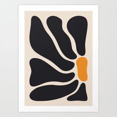 an orange and black abstract art print on a white background with the shape of a flower