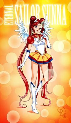 an anime character with long red hair and wings on her head, standing in front of a