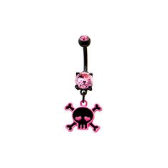 a pink skull and crossbone belly button navel bar with an attached piercing ring