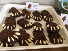 chocolate cookies decorated with white and black icing are on a tray next to a book