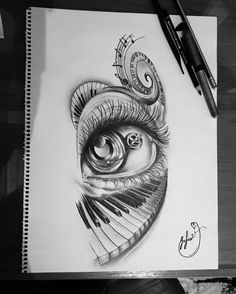 a pencil drawing of an eye with spirals on it