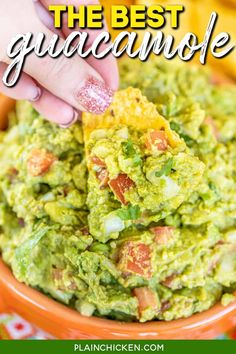 a hand dipping guacamole into a bowl with the text overlay that reads how to make guacamole