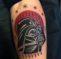 darth vader tattoo on the right arm and leg, with stars in the background