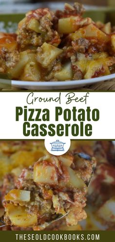 the ground beef pizza potato casserole is on a plate