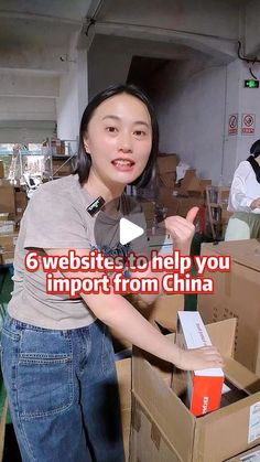 a woman standing in front of boxes with the words 6 website to help you improve from china