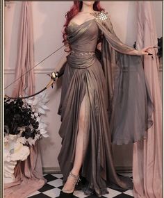 Fantasy Dress Brown, Goddess Fantasy Dress, Fairycore Aesthetic Dress, Slim Princess Dress, Gown Bodice Designs, Goddess Clothes Outfits, Norse Goddess Outfit, Plus Size Drape Dress, Queen Armor Dress