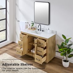 a bathroom vanity with drawers and a large mirror above it that reads, adjustable shelvings the interior space can be customized for your needs