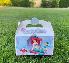 the little mermaid lunch box is sitting in the grass