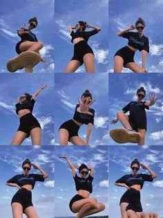 multiple pictures of a woman jumping in the air with her feet up and arms out