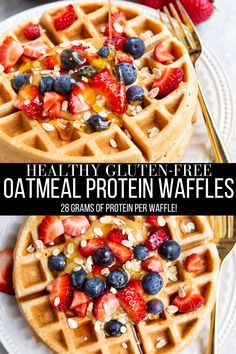 healthy gluten free oatmeal protein waffles with strawberries and blueberries