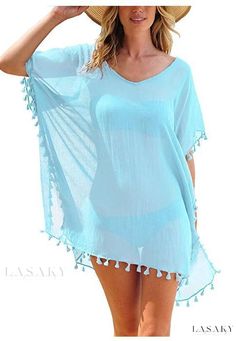 Lasaky - Chiffon Beach Cover-up with Fringed Pom-poms, Perfect for Vacations - Available in Solid Colors Chiffon Beach Cover Up, Wrap Bathing Suit, Beach Blouse, Chiffon Summer Dress, Beach Tunic, Beach Holidays, Cover Beachwear, Bathing Suit Covers, Loose Blouse