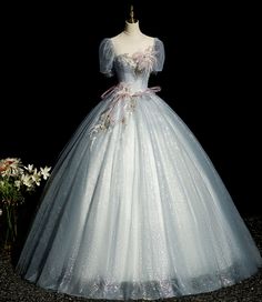 Blue tulle long A-line ball gown formal gown · Little Cute · Online Store Powered by Storenvy Cinderella Quince, 2023 Ball Gown, Quincenera Dresses, Flower Prom Dress, Pearl Lace, Blue Tulle, Lace Decor, Pearl And Lace, Formal Dresses For Weddings