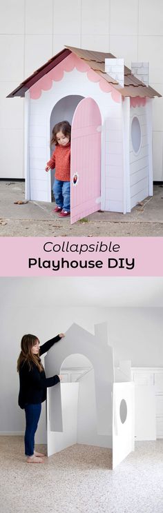 two photos with the words collapsible play house diy