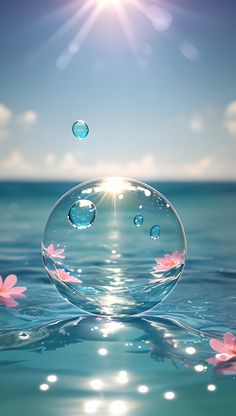 the bubbles are floating in the water with pink flowers on it's bottom and blue sky above