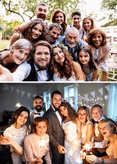 the wedding party is posing for pictures with their sparklers