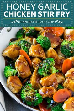 chicken and broccoli stir fry in a white bowl with the words honey garlic chicken stir fry