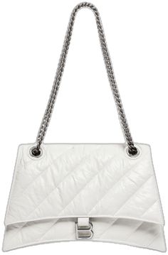 Chic Formal Shoulder Bag With Silver-tone Logo Plaque, White Quilted Evening Bag, Chic Rectangular Bags With Silver-tone Logo Plaque, Classic Shoulder Bag With Silver-tone Logo Plaque, Chic Leather Bag With Silver-tone Logo, Chic Bags With Silver-tone Logo Plaque For Everyday Use, Evening Shoulder Bag With Silver-tone Logo, Classic White Shoulder Bag With Chain Strap, Classic Silver Shoulder Bag With Chain Strap