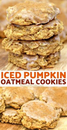 iced pumpkin oatmeal cookies stacked on top of each other with the words iced pumpkin oatmeal cookies