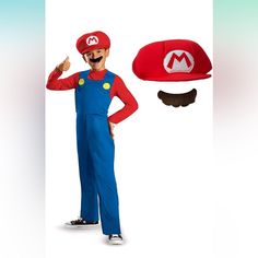 a man in a red hat and blue overalls standing next to a nintendo mario costume