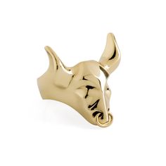 Premium taurus, bull. Made of 14-Karat gold, the shiny bright gold finish plays up the Bulls extended horns, which are one of the animal's most attention-grabbing extremities. The front face of the bull is intricately designed to accurately imitate the natural strength and majesty of the bull. Dangling gently between the bull's nostrils is a golden ring. Traditionally, the golden ring symbolizes the strength and power of the bull, and that same symbolic accessory is highlighted within the ring's Bull Jewelry, Taurus Ring, Bull Animal, Bull Ring, Taurus Bull, Owl Ring, Vegan Jewelry, Animal Ring, Cat Ring