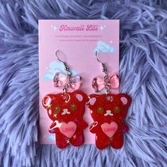 ~*Super cute animal Valentines day earrings*~  ♡  Handmade resin charms with painted details ♡ Please note: as these are handmade there may be some small imperfections e.g. irregularities in the paint or small holes caused by bubbles  ♡ 925 silver hooks, please see my add-on listings for alternatives including clip-ons! ✨  I ship within 3 - 5 working days unless otherwise stated. All items will be sent first class (or tracked if you are not in the UK), if you prefer second class / standard shipping please message me. If your order is a gift or you require faster dispatch, please send me a message before ordering and I'll do my best to accommodate!  Please leave me a positive review if you like your items, and in the rare instance there is a problem please do message me before leaving a rev Playful Earrings With Cute Design As Gift, Kawaii Pink Jewelry For Valentine's Day, Pink Kawaii Jewelry For Valentine's Day, Cute Fun Jewelry As A Gift, Fun Jewelry With Cute Design For Gifts, Fun Cute Design Jewelry For Gifts, Cute Dangle Earrings For Valentine's Day, Novelty Personalized Pink Earrings, Fun Style Red Resin Earrings