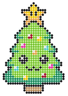 a cross - stitch christmas tree is shown in green, yellow and red colors with black dots