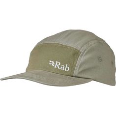 a khaki hat with the word rab on it