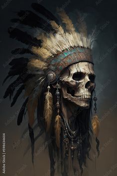 a skull with feathers on it's head is shown in this digital painting style