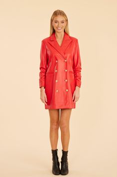 This season, mix it up with a nod to retro glamour in our Faux Leather Blazer Dress, a chic piece that channels the bold spirit of the ‘80s. This edgy blazer dress boasts a structured silhouette with a faux leather finish, perfect for making a statement while keeping warm this season. It features a double-breasted design with metallic buttons, and ruched sleeves for even more of a vintage flair. Faux leather Double-breasted Metallic buttons Ruched three-quarter sleeves Available in Black and Sca Spring Evening Mini Blazer, Spring Notch Lapel Blazer Dress For Night Out, Notch Lapel Blazer Dress For Night Out In Spring, Notch Lapel Double-breasted Blazer Dress For Night Out, Chic Single Breasted Evening Blazer Dress, Chic Single-breasted Blazer Dress For Evening, Night Out Blazer Dress With Notch Lapel, Chic Mini Length Blazer With Button Closure, Chic Mini-length Blazer With Button Closure