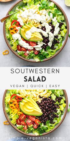 two plates filled with different types of salads on top of each other and the words southwestern salad above them