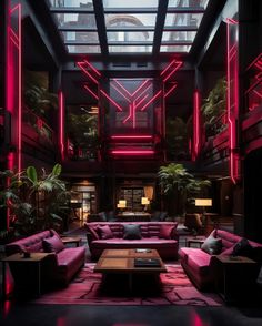 a living room filled with lots of furniture and neon lights hanging from the ceiling above