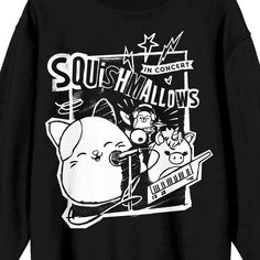 Rock out with this women's black Squishmallows crew neck long sleeve sweatshirt, featuring a monochrome image of Cam and Lola in an electrifying performance under black and white letters reading "Squishmallows In Concert." Crafted with a comfortable blend of cotton and polyester, this officially licensed sweatshirt guarantees high-quality materials for a cozy and stylish wear. Machine wash it on cold with like colors and tumble dry on low heat for easy care. Embrace the concert vibes with this c