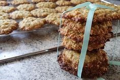 a stack of cookies sitting on top of a counter