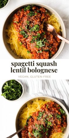 two bowls filled with spaghetti and sauce on top of a white tablecloth next to green vegetables