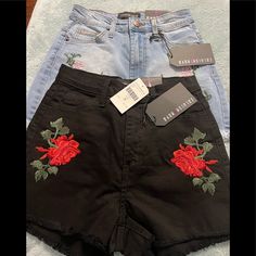 Bundle 2 New Shorts Women Embroidered Flowers Size 3 And S Is Exactly Length Waist 12in Summer Stretch Bottoms With Floral Embroidery, Stretch Bottoms With Floral Embroidery For Summer, Floral Embroidered Stretch Bottoms For Summer, Black Embroidered Cotton Shorts, Black Bottoms With Floral Embroidery For Summer, Black Floral Embroidered Bottoms For Summer, Embroidered Black Shorts For Summer, Embroidered Black Summer Shorts, Fitted Casual Shorts With Floral Embroidery