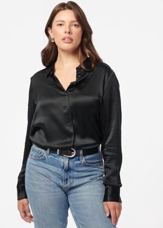 Collared blouse with long sleeves Flat self-covered buttons Buttons at center front, collar and cuff Curved hem Slits at side seam Blouse With Long Sleeves, Collared Blouse, Cami Nyc, Satin Blouses, Silk Charmeuse, Collar Blouse, Blouse Black, Cut Shirts, Pair Of Pants