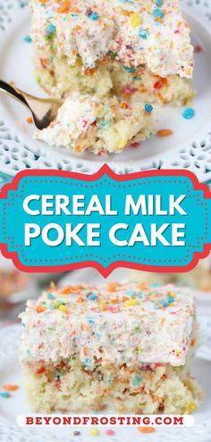 Cereal Milk Poke Cake, spring, easter desserts, baking recipes, simple sweet treats Fluffy Vanilla Cake, Whipped Cream Topping, Fruity Pebbles Cereal, Cereal Dessert, Cereal Milk, Poke Cake Recipes, Fruity Pebbles, Poke Cake