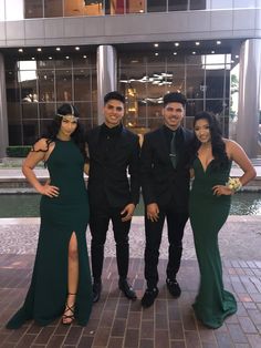 Forest Green Prom Dress Couple, Emerald Green Dress Matching Date, Emerald Green Dress Couple Outfit, Black And Green Couple Outfit, Emerald Green Prom Couple Matching, Dark Green Prom Couple Outfits, Emerald Couples Outfit, All Black Suit With Green Tie, Green Dress Matching Couple