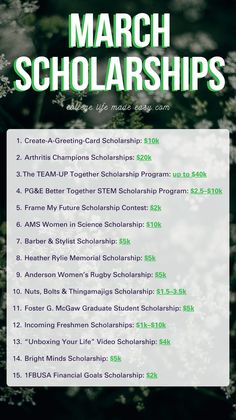 a flyer with the words march scholarships on it and an image of trees in the background