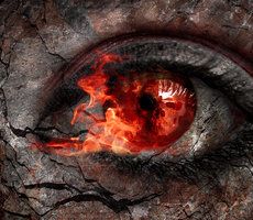 an eye is shown with red flames coming out of it