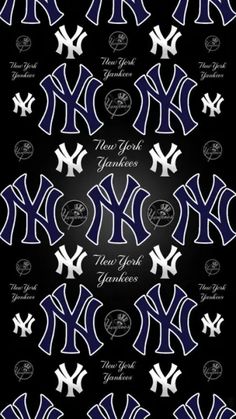 the new york yankees logo is shown on a black and blue background with white lettering