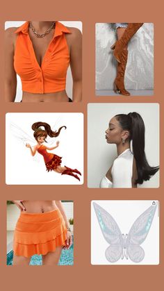 four different pictures of women in orange outfits and accessories, one with a butterfly on it