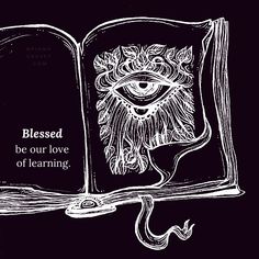 an open book with a drawing of a lion on the front cover and words below it